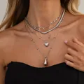 Elegant multilayer silver chain necklace with heart and teardrop pendants for women - Multilayer Heart Teardrop (07375) / Silver