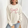 Κομψό γυναικείο casual φούτερ με στρογγυλή λαιμόκοψη και γλυκό κεντημένο κόκκινο φιόγκο - S / Μπεζ