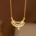 Elegant golden laurel leaf and wheat motif pendant necklace with shimmering pavé stones - Pave Small Boat (8347) / Gold