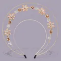 Elegant double-layered gold floral headband with pearls for weddings and parties. - Gold Leaf White Flower Vintage Headband (TS-J3321G) / Gold