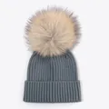 Cozy grey-blue ribbed knit children beanie with a large fluffy faux fur pom-pom detail. - Dark Gray