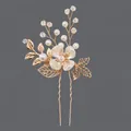 Elegant handmade forest style flower U-shaped hair fork with pearls and crystals in gold - Gold Foliage Flower Style (HS-J7084G)