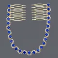 Elegant gold double hair comb with wavy blue rhinestone chain for formal events - Gold + Blue Rhinestone