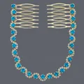 Elegant blue rhinestone wavy hair chain with double gold-toned combs for women. - Gold + Lake Blue Rhinestone