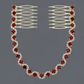 Elegante pettine per capelli dorato con strass rossi e bianchi ondulati per occasioni formali. - Oro + Strass Rosso Scuro