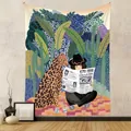 Bohemian jungle tapestry featuring a leopard and woman illustration for room decor. - 73X95CM (Cross-border Brushed Style) / GT262001 (Leopard Jungle Reading)