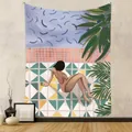 Decorative bohemian wall tapestry featuring a modern illustration of a girl relaxing pool-side - Pink Swimsuit Woman Back (GT262002) / 73X95CM (Cross-border Brushed) / GT262002