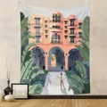 Bohemian style architectural illustration wall tapestry hanging for cozy room decor - 73X95CM (Cross-border Brushed) / Pink Orange Building & Jungle (GT262016)