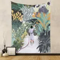 Bohemian style artistic wall tapestry featuring a lush tropical jungle and garden illustration - 73X95CM (Cross-border Brushed) / Figure in Robe Watering Plants (GT262017)