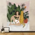 Bohemian wall tapestry featuring woman and leopard illustration for room decor - 73X95CM (Cross-border Brushed Style) / Jungle Cheetah Figures (GT262023)