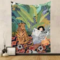 Bohemian wall tapestry featuring a jungle tiger and a woman reading illustration - 73X95CM (Cross-border Brushed Style) / Jungle Tiger Newspaper (GT262025)