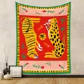 Bohemian wall tapestry featuring stylized tiger and cheetah illustration in red and yellow - 73X95CM (Cross-border Brushed Style) / Tiger Leopard Letter Print (GT262026)