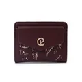 Front view of burgundy women's short PU leather wallet with leaf print and gold P logo. - Burgundy