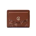 Close-up of brown PU leather wallet with metallic P logo and feather print pattern. - Brown