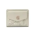 Front view of women's short PU leather wallet with elegant leaf pattern print - Black
