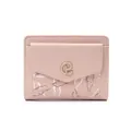 Detailed front view of a pink PU leather short wallet with leaf pattern and logo. - Pink