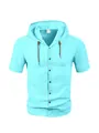 Light blue short-sleeved hooded linen shirt for men in a casual breathable summer style - Sky Blue