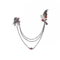 Gothic punk style double pin chain brooch featuring raven feather and red rose. - Raven Rose Tassel Brooch (00434)
