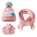 Rosa gestricktes Winterset für Mädchen mit Einhorn-Mütze, Schal und Handschuhen. - Rosa