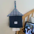 Sac à mouchoirs suspendu créatif en forme de maison avec carreaux bleus et tissu en denim - Plaid Bleu