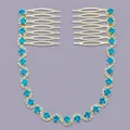 Elegant gold-tone bridal hair comb set featuring sparkling blue and clear crystals. - Versatile Style (HS-J5897GLB)