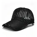 Close-up detail of a black rhinestone mesh baseball cap with breathable hollow-out design - Adult, Hat Circumference 58cm Adjustable / Black