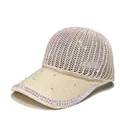 Detailed view of beige mesh baseball cap decorated with iridescent rhinestones for women - Adult, Hat Circumference 58cm Adjustable / Beige