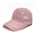 Close-up detail of a pink mesh baseball cap embellished with sparkling rhinestones. - Adult, Hat Circumference 58cm Adjustable / Pink