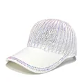 Close-up of white mesh baseball cap featuring iridescent rhinestone decorations on the brim. - Adult, Hat Circumference 58cm Adjustable / White