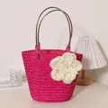 Sac de plage exquis tressé en paille rose fuchsia avec grande décoration florale pour femmes - Rose rouge