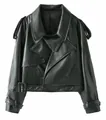 Vintage black faux leather biker jacket for women with wide lapels and adjustable waist belt - S / Black