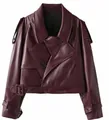 Vintage burgundy cropped faux leather biker jacket with asymmetrical lapel and belt - S / Burgundy