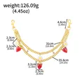 Double-layer gold chain backpack pendant with strawberry charms and dimension annotations - Double-Layer Gold Chain Strawberry Backpack Pendant (BG00517) / Individual Packaging