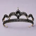 Elegant vintage Baroque Gothic black tiara with crystals and beads on a gold-tone metal frame - Pearl and Black Rhinestone Crown (TS-J3042BLK)