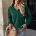 Sudadera casual con capucha verde oscuro con cuello de botones para mujer, otoño - S / Verde Oscuro