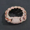 Macro detail of 22mm iced out rose gold Cuban link chain necklace with micro-pave stones - 18cm