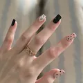 Elegant black and gold press-on nails with polka dots and sparkling rhinestone art - M / 10 Pieces / Black Gold French Polka Dot Style (BY2632)