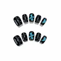 Black polka dot press-on nails with blue butterfly floral design and rhinestones - M / 10 Pcs/Bag (with Tool Kit) / BY2633 Style (Shiny Black with Blue Butterfly)