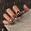 Premium black and gold cat-eye press-on nails featuring silver cross and star nail art - M / Magnificent Gothic Cross Style (BY2529) / 10 Pieces Bag (with Tool Kit) / Black Gold Cat Eye Color