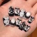 Elegant gothic black and white press-on nails with 3D ribbon bows and lace detail - M / 10 Pieces/Bag (Including Tool Kit) / Red and White Style (BY2492)