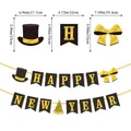 Schwarzgoldene Happy New Year Banner-Flaggen mit Hut- und Schleifendekor und Maßen - Neujahr Schleife Stil Banner