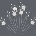 Handmade set of white fabric flower U-shaped hairpins for elegant wedding hair styling - Artificial Pearl Flower Hair Stick Set (HS-J7356S) / 6Pcs/Set