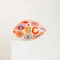 Nordic style ceramic Evil Eye decorative tray with gold rim on a white display block - Pink Puzzle Pattern