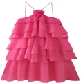Elegant fuchsia layered ruffled halter neck dress with 3D flower detail for women - Deep Pink