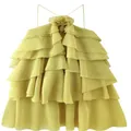 Sophisticated yellow tiered halter dress with layered ruffles and flower neck detail - Light Green
