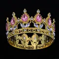 Luxury Baroque style golden tiara crown with pink teardrop and clear gemstones - Gold + Pink Drop