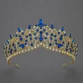 Vintage gold alloy tiara with royal blue rhinestones for party and photography. - Luxury Vines Style (TS-J3248GBLUE)