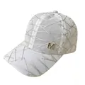 Detail of white mesh baseball cap featuring silver threads and a rhinestone M logo - Adult Size (Adjustable) / M-Logo Style / Off White