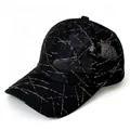 Detailed view of breathable black mesh baseball cap featuring stylish white geometric lines - Adult Size (Adjustable) / Plain Style / Black