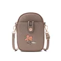 Vue détaillée d'un sac bandoulière marron pour téléphone avec motif floral et sangle réglable. - Version Brodée / Kaki